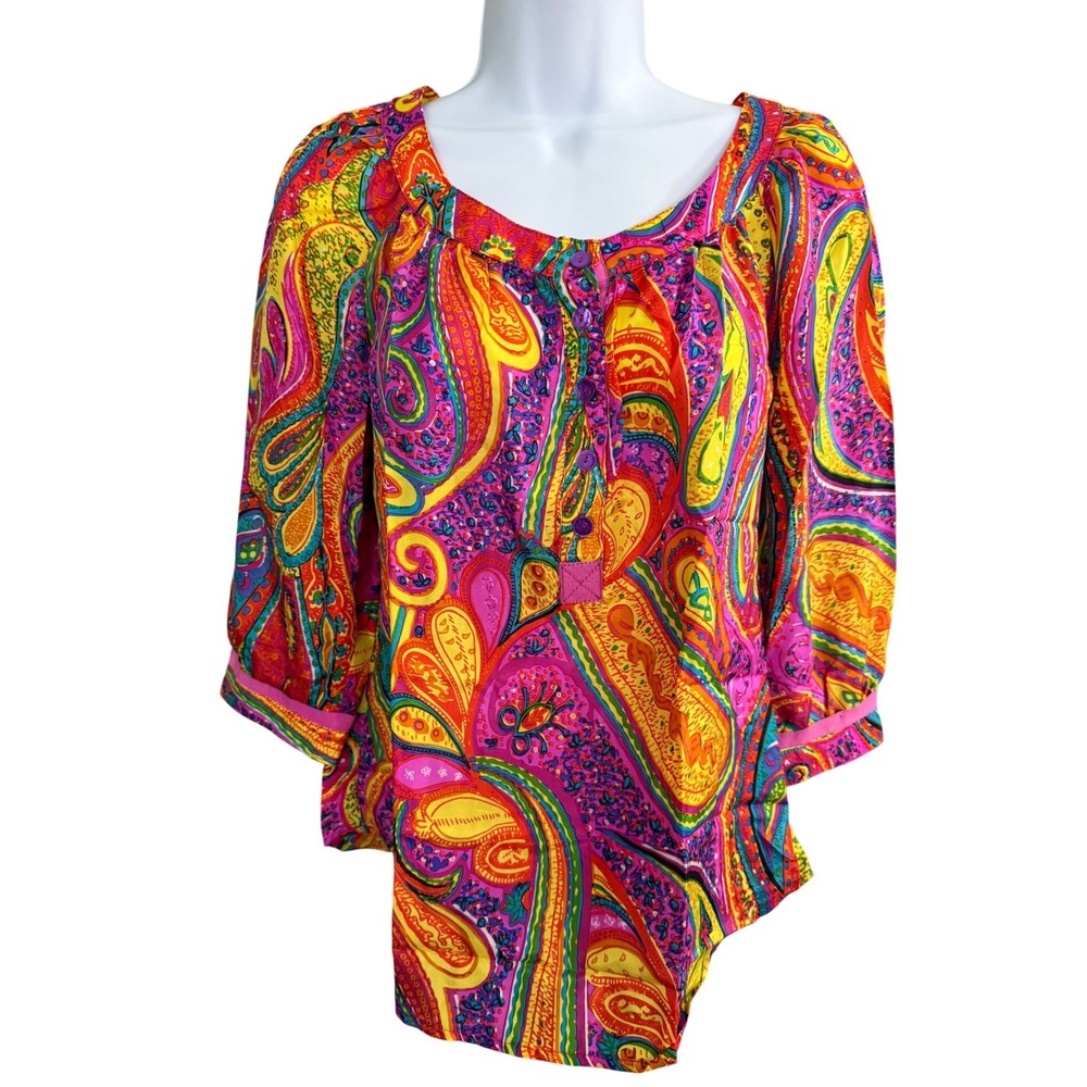 Trina Turk Bright Silk Blouse S Pink Abstract Hippie Maximalist Boho Art To Wear
